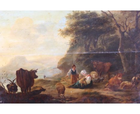 WILLEM ROMEYN (HAARLEM 1624 - c.1694). A shepherdess with her herd in a landscape, oil on panel, unframed, 40.5 x 55.8 cm
