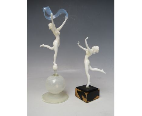 AN ART DECO GLASS LAMPWORK FIGURE DESIGNED BY ISTVAN KOMAROMY, modelled as a dancing nude female with a blue scarf, on a sphe