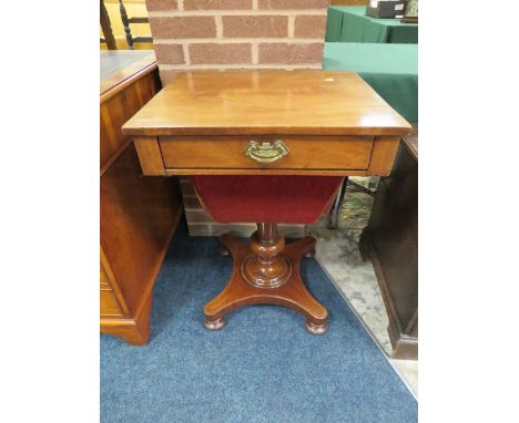 A VICTORIAN MAHOGANY WORK TABLE, having single frieze drawer with pull-out sewing box below, raised on a turned column and qu