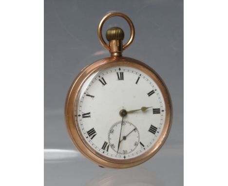 A 9CT GOLD CASED POCKET WATCH, the enamel dial having Roman numerals, outer minute markers and subsidiary seconds dial, engra