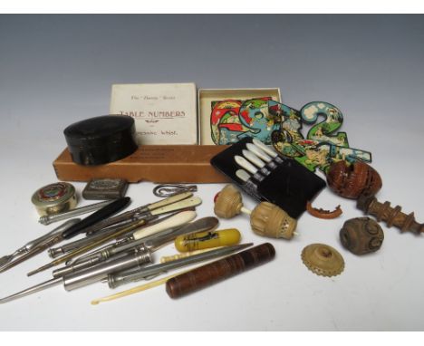 A COLLECTORS LOT - to include a 'Great Central Railway Hotel match strike, lacquer ware box, sewing implements, button hooks 