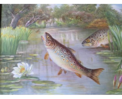 S. POPE (Cauldon Pottery artist) (XX). Study of a trout taking the fly, singed lower right, painted on porcelain panel, frame