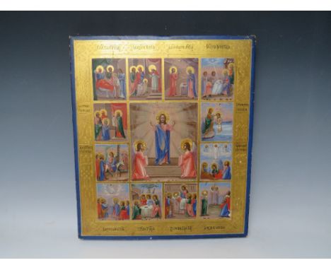 A RUSSIAN ICON ON PANEL, the central work surrounded by twelve smaller scenes, gilt decoration and script throughout, 35.5 x 