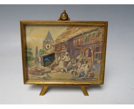 A LATE 19TH CENTURY SWISS AUTOMATON CLOCK, in the form of a painting on an easel, the image depicting an alpine village scene