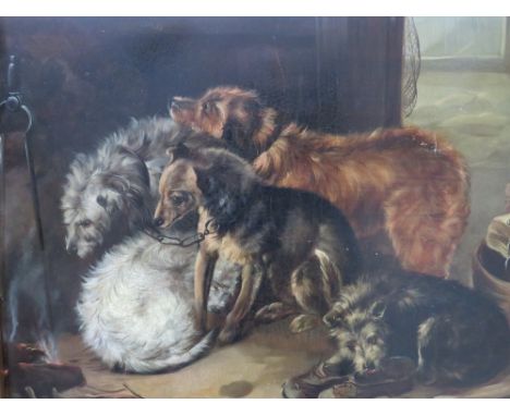 (XIX). British school, a barn interior with a number of dogs by a fire 'A Fireside Party', inscribed below, unsigned, oil on 