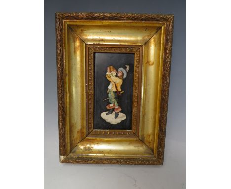 AN ITALIAN 19TH CENTURY PIETRA DURA PANEL, the rectangular panel depicting a Cavalier using specimen marbles, gilt framed, pl