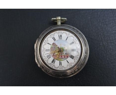 A HALLMARKED SILVER PAIR CASED PICTURE ENAMEL DIAL POCKET WATCH BY SAM HEYDON - LONDON 1766, outer case hallmarked for Birmin