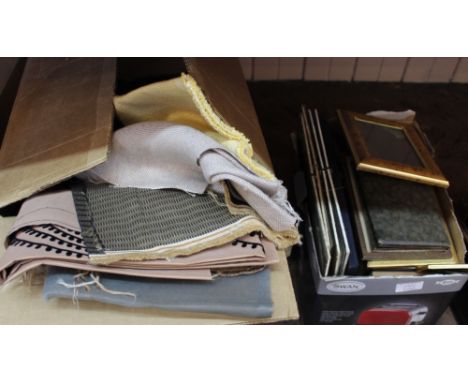 Various silk scarves, curtains, linen and picture frames (four boxes)