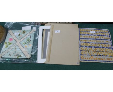 An 1879 alphabet sampler plus one other, an embroidered silk mat with a watercolour and a large quantity of family related ep