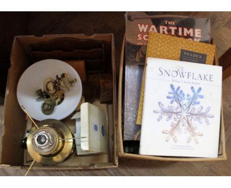 A brass Aladdin oil lamp, candle sconces, oak letter rack plus a box of books