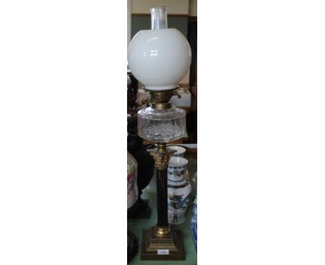 A Corinthian column and brass oil lamp with cut glass bowl