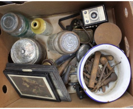 Sundry items to include coach lamp brackets, biscuit barrel, pictures etc
