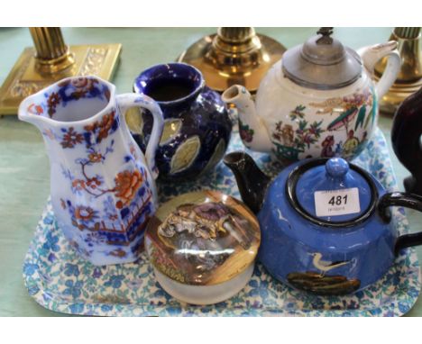 A Doulton Lambeth leaf decorated vase, pot lid 'Uncle Toby', a Victorian teapot, a jug plus a Devon ware teapot