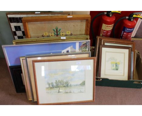 Three watercolours, Colorado Pikes Peak, cityscape, Dedham Vale limited edition prints, a woolwork fire screen plus other pic