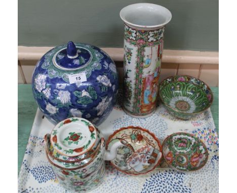 A Cantonese polychrome vase, teapot plus other oriental china