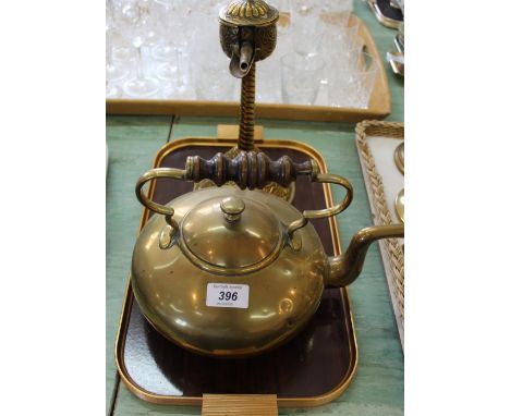 An Islamic brass oil lamp plus a Victorian brass kettle