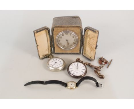 A travelling clock, two pocket watches etc