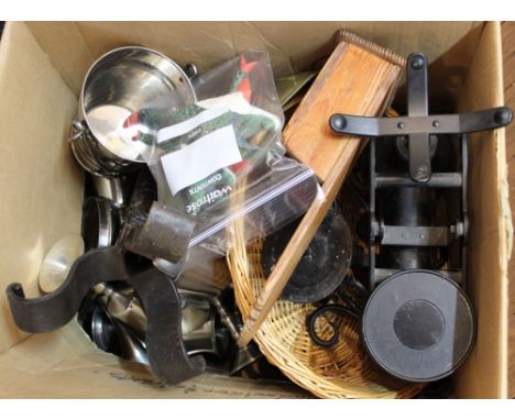 Metal and wood sundries including scales, copper pans