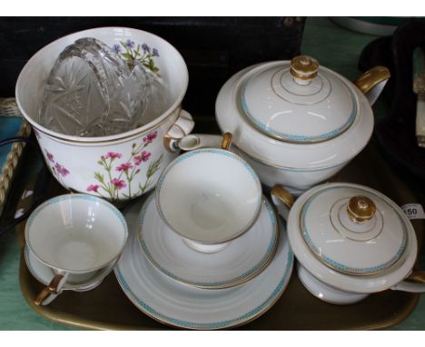 A Bavarian porcelain part tea set plus a botanical jardiniere and glass