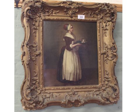 An oil on board, portrait of a servant with tea tray, label verso Thomas W Phillips, Cullum St, Eileen 1702-1789, 14" x 11"