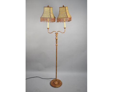 A Modern Gilt Metal Two Branch Standard Lamp with Shade 