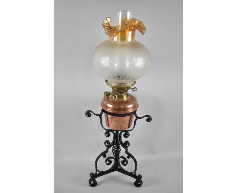 A Copper and Brass Oil Lamp Set in Wrought&nbsp; Iron Tripod Stand and with Later Etched Glass Shade with Wavy Rim, Duplex Co