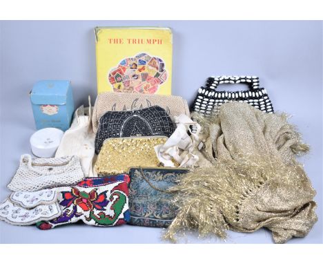 A Collection of Ladies Beadwork Bags and Purses, Vintage Face Powder, Thinkell Scarf etc 