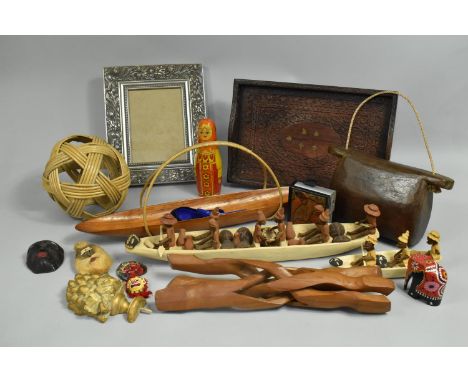 A Collection of Various Souvenir Items to include Wicker Bull, African Figural Gnu, Treen Cow Bell Etc 