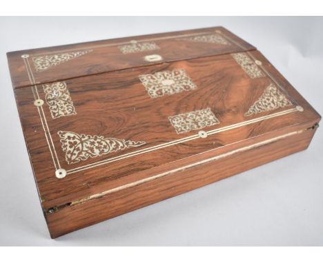 A Late 19th century Mother of Pearl Inlaid Rosewood Writing Slope with Hinged Lid to Tooled Leather Writing Surface and Fitte