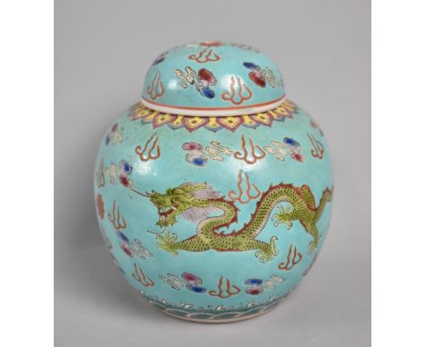 A 20th Century Chinese Ginger Jar Decorated with Green Dragon Chasing Flamng Pearl in Scrolled Sky on Teal Ground,   12cm hig