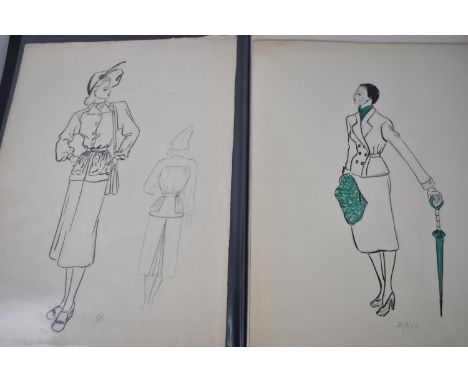 A Vintage Folio of Fashion Designs from 1948-1950 in Pen and Ink, Watercolour and Pencil, Over 80 in Total 