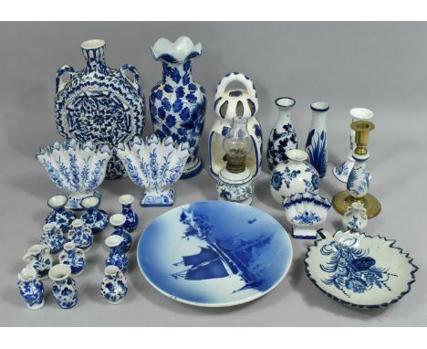 A Collection of Various Modern Blue and White Ceramics to Include Vases, Moon Flask, Tulip Vases, Miniature Vases etc 
