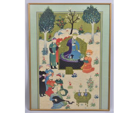 A Large North Indian or Persian Poster Print, Emperor with Courtiers in Garden, 47x82cm 