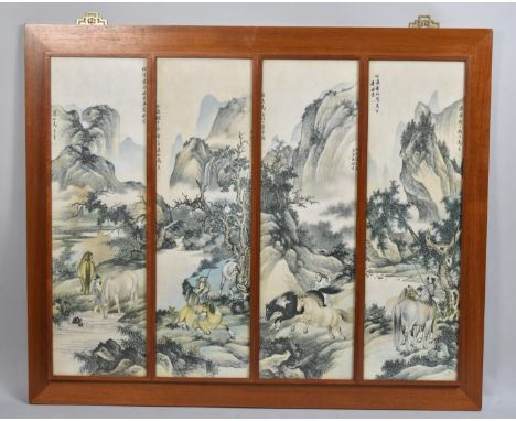 A Modern Framed Set of Four Chinese Prints Depicting Figures and Horses in Mountain Landscape, Overall Size 99x82cm 
