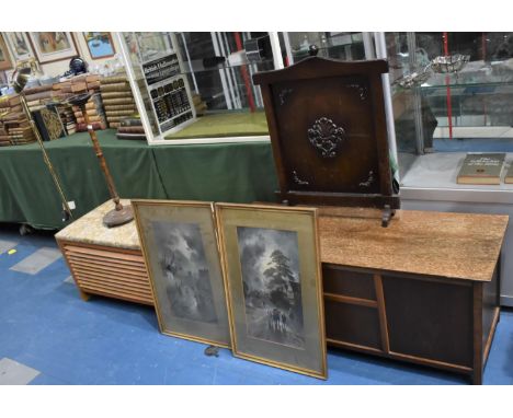 Two Wooden Blanket Chests, Oak Fire Screen, Smokers Stand, Reading Lamp and Pair of Prints 