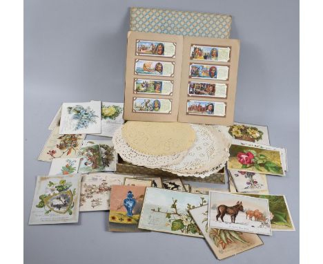 A Boxed Collection of Vintage Doylies Together with a Collection of Loose Greetings Cards etc 