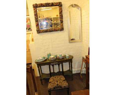 Victorian ebonised nursing chair, green washed side table, two wall mirrors and part tea service