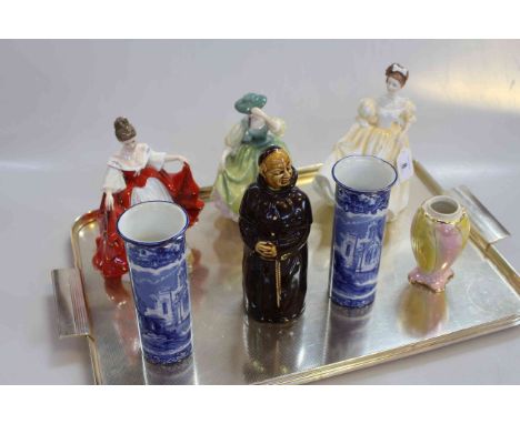Three Royal Doulton ladies, monk decanter, Abbey spill vases and Winton caster