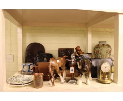 Dome clock, binoculars, metalwares, brass magazine rack, copper urn, horses, tribal mask etc