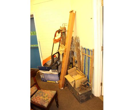Flymo & Macallister mowers, garden tools, pair steps, deck chair, tool box and tools, etc