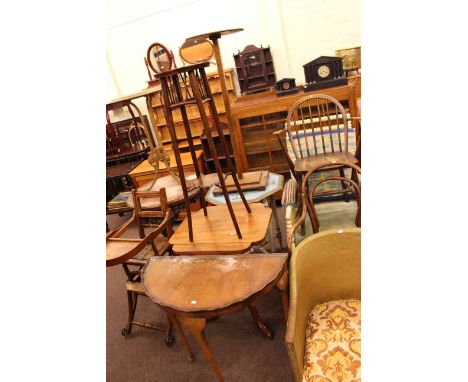 Painted occasional table, Victorian mahogany tripod occasional table, walnut demi lune hall table and two plant stands