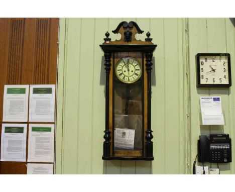 Victorian walnut and ebonised double weight Vienna wall clock having brass and enamelled dial