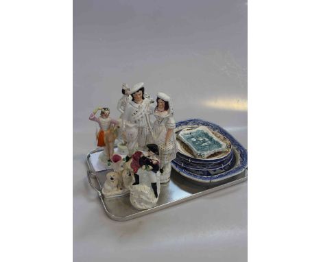 Staffordshire figures including K of Sardinia and Ballet Dancer, blue and white and other plates