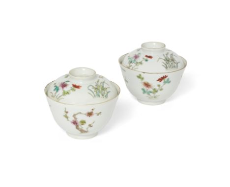 A pair of Chinese famille rose ‘four gentlemen’ bowls and covers Late Qing/Republic periodEach bowl and cover painted with th