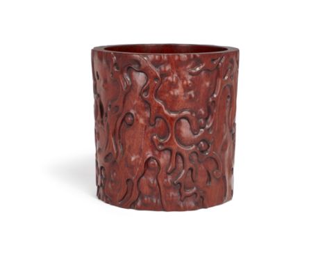 A large Chinese hardwood scroll pot, hua tongLate Qing dynasty/Republic periodThe exterior carved as a gnarled tree trunk, th