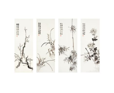 A set of four Chinese embroidered panels of 'four noble ones'20th centuryEmbroidered with bamboo, orchid, prunus and chrysant