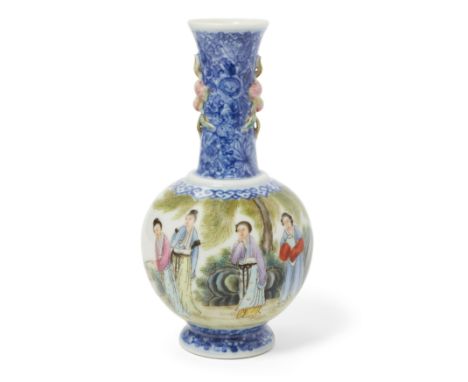 A Chinese famille rose and blue and white 'ladies' bottleRepublic period, apocryphal Qianlong seal markThe slender neck finel