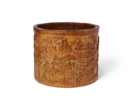 A magnificent Chinese carved boxwood 'landscape' scroll pot, hua tongQing dynasty, 18th centuryLavishly carved in shallow rel