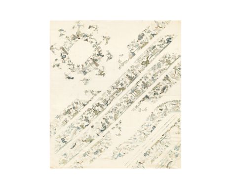 A Chinese uncut panel of silk sleeve bands and collarQing dynasty, 2nd half of 19th centuryEmbroidered with polychrome thread