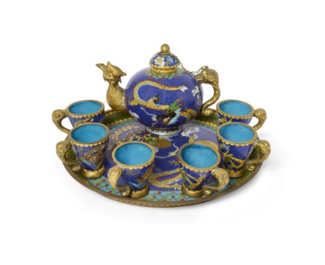 A Chinese cloisonné-enamel 'dragon and phoenix' tea set20th centuryComprising: circular tray, small globular teapot and cover